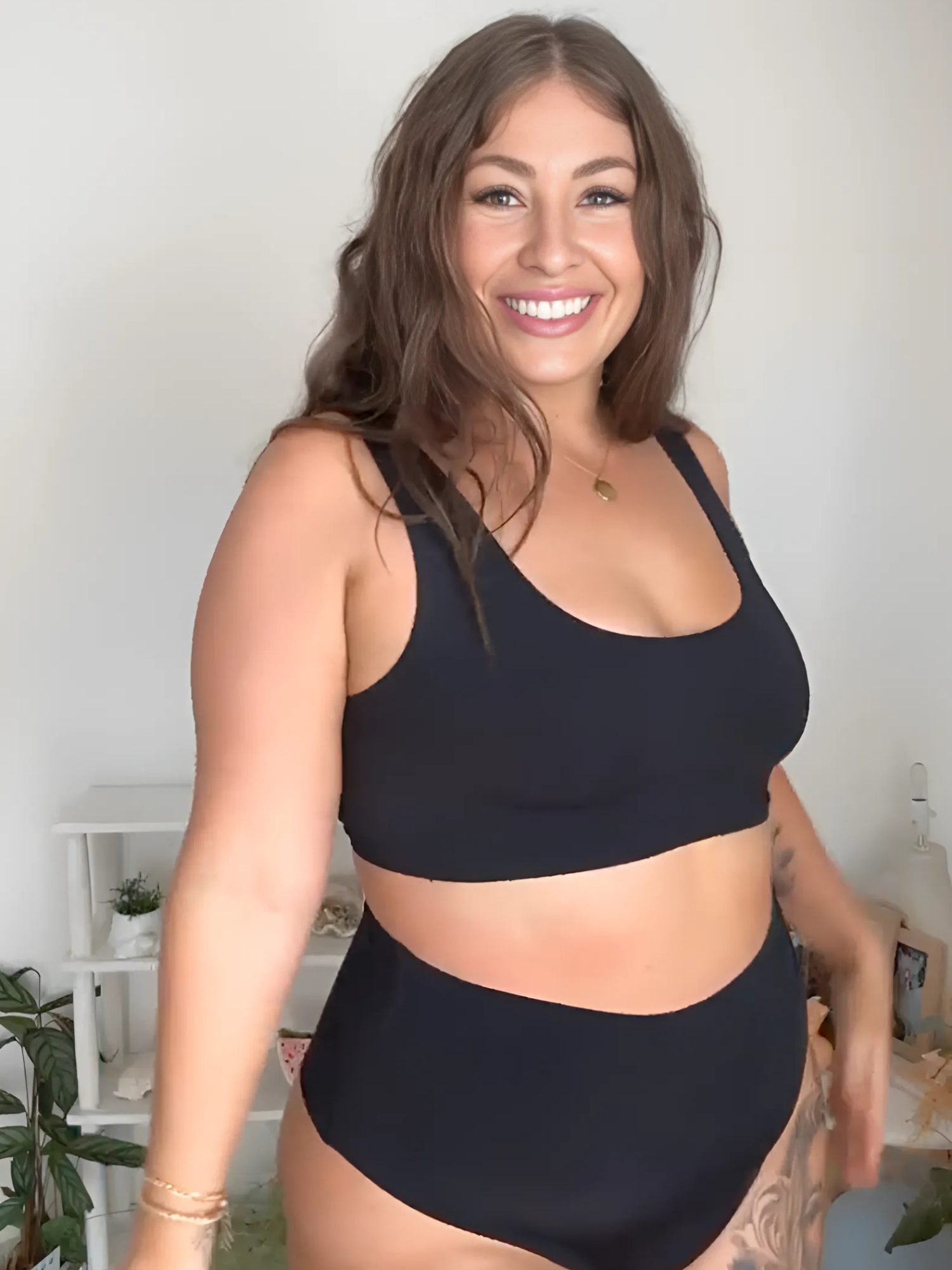 Black High Rise Thong model waist detail
