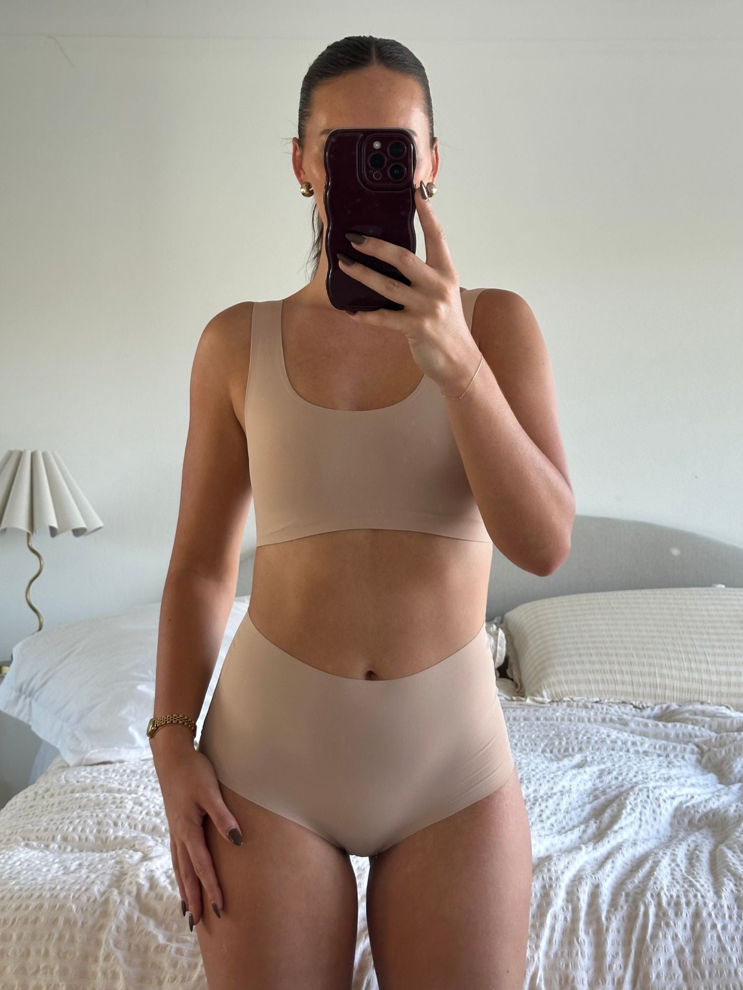 Cream Tan Comfort Crop model front view