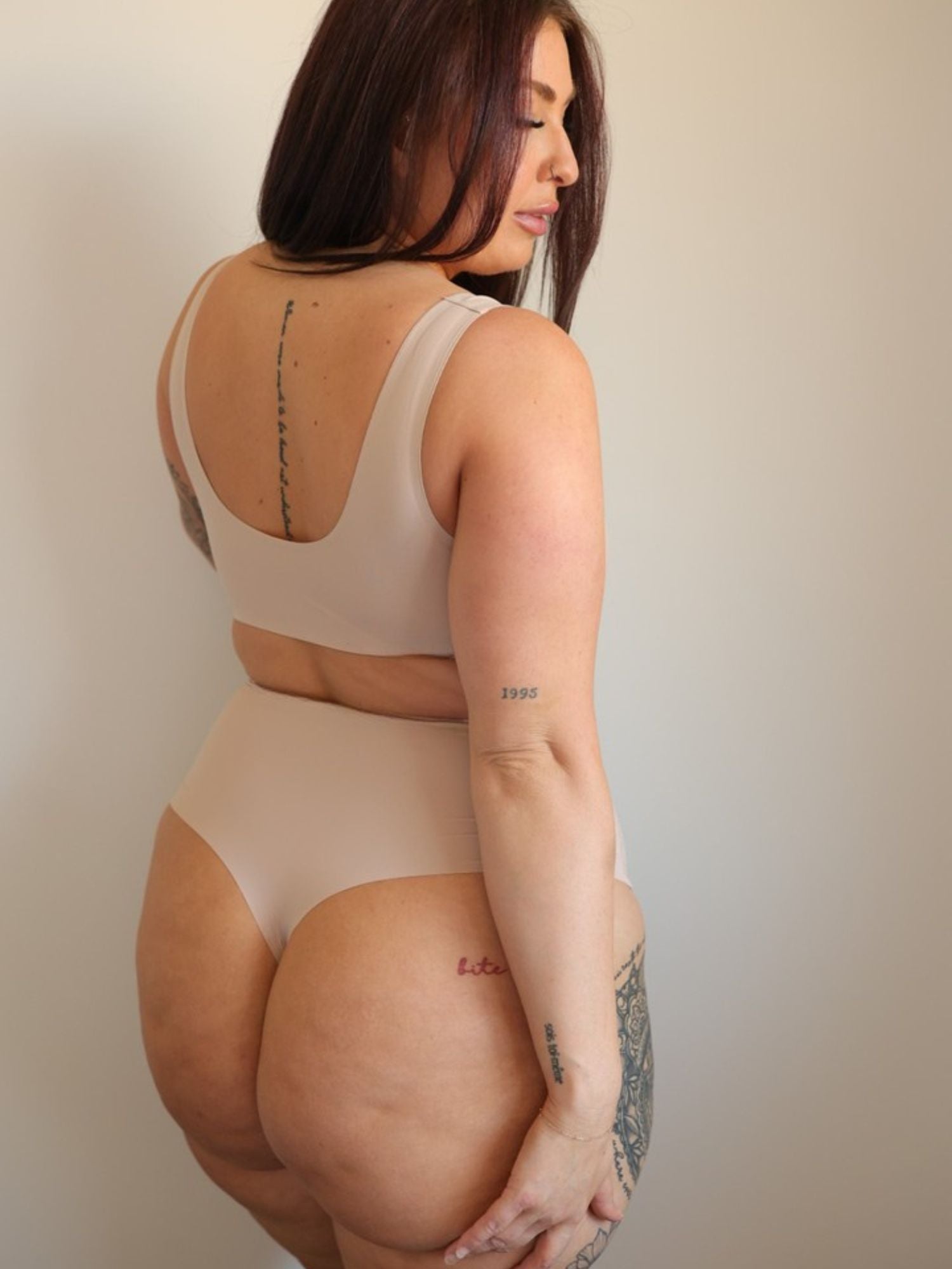 Cream Tan High Rise Thong on model front view