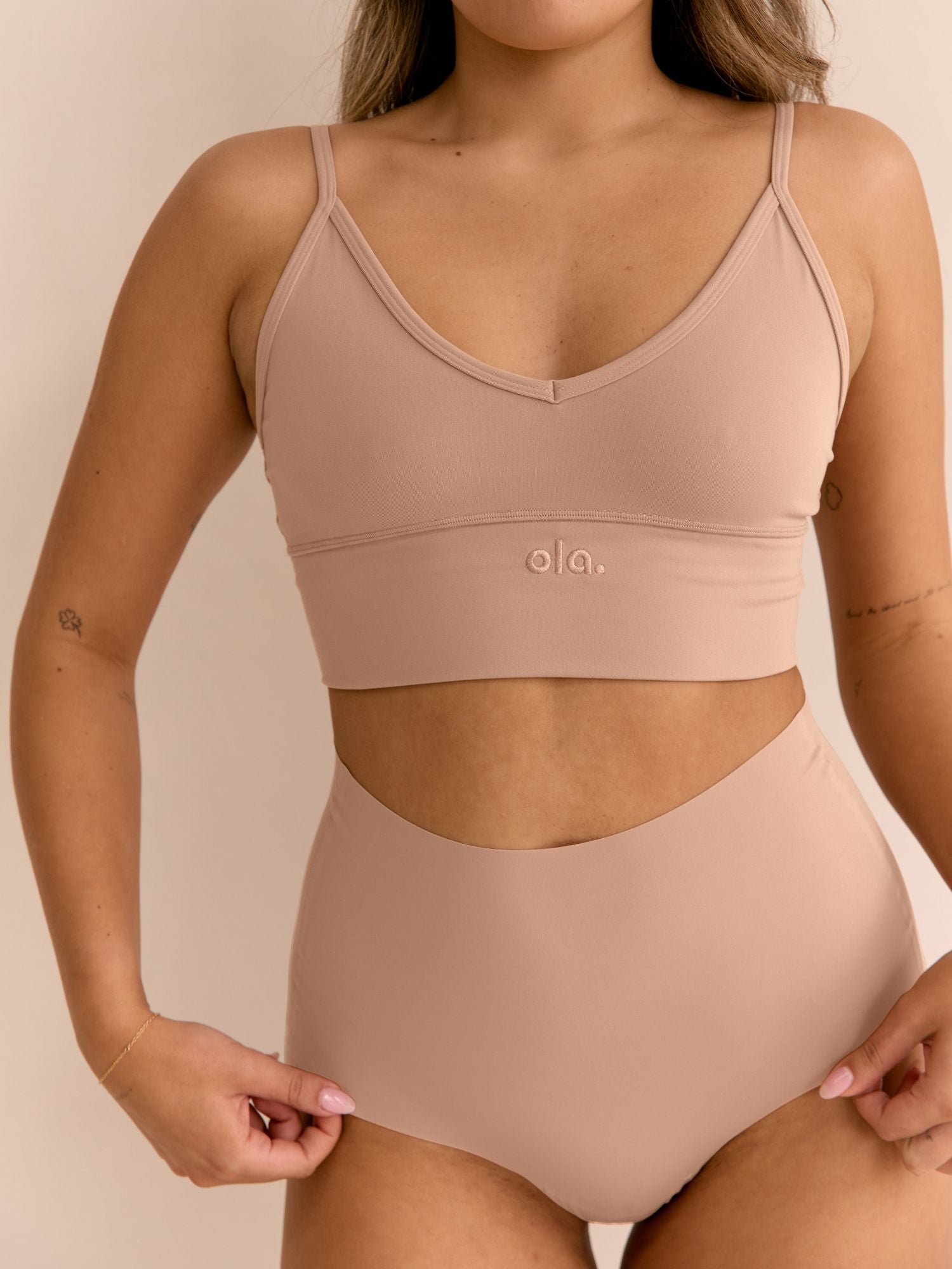 Cream Tan High Rise Thong model side view
