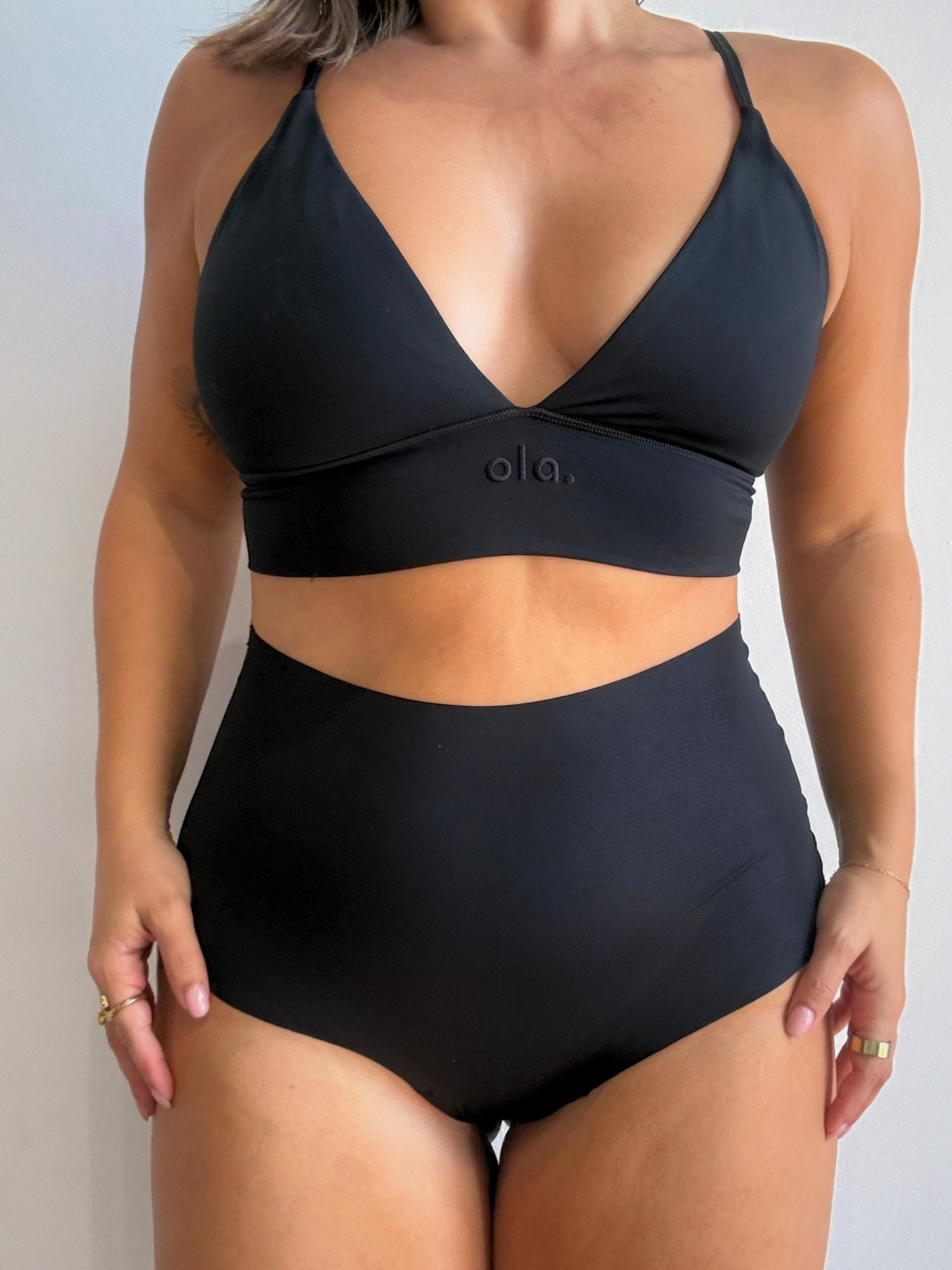 Black Plunge Crop model three-quarter view