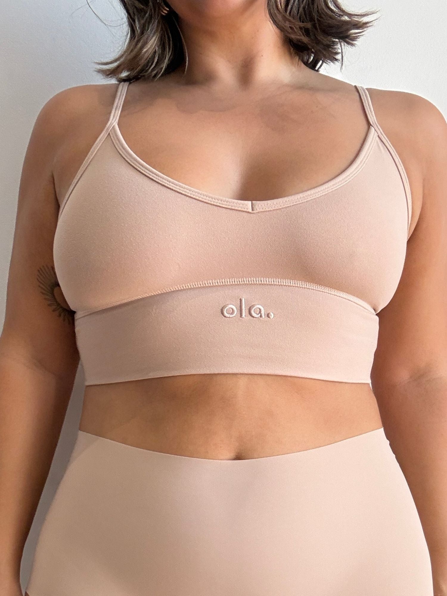 Cream Tan V Crop on model front view