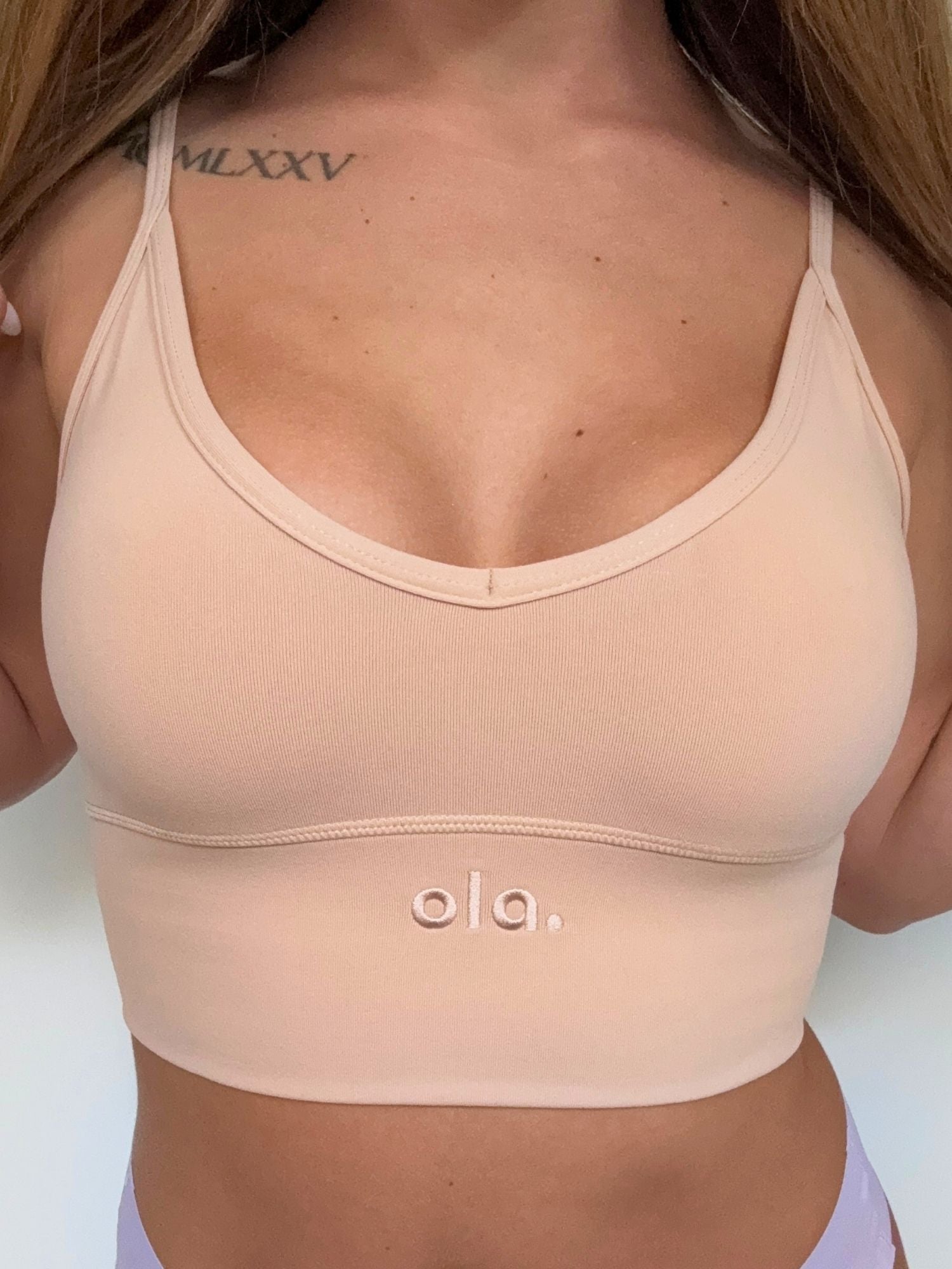Cream Tan V Crop model side view