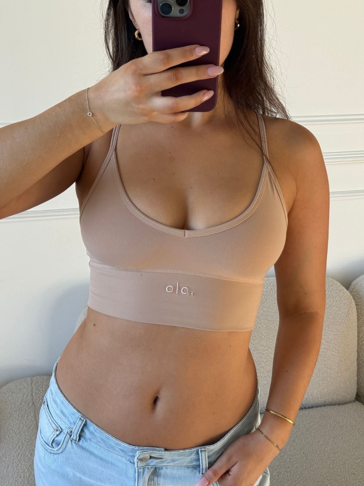Cream Tan V Crop model back view