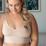 Cream Tan V Crop model three-quarter view