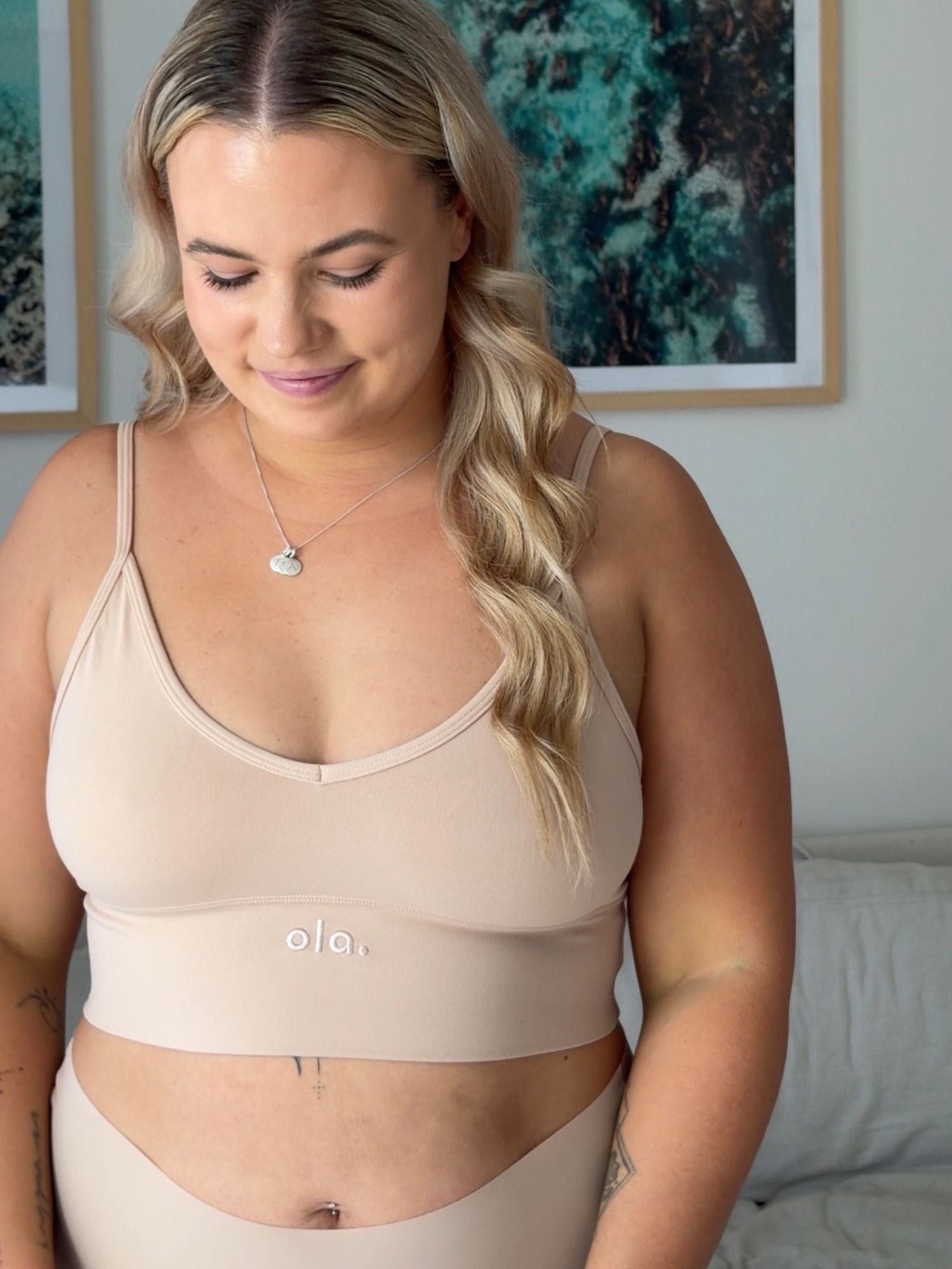 Cream Tan V Crop model three-quarter view