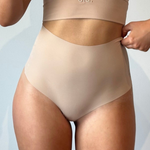Cream Tan High Rise Thong ghost flatlay front