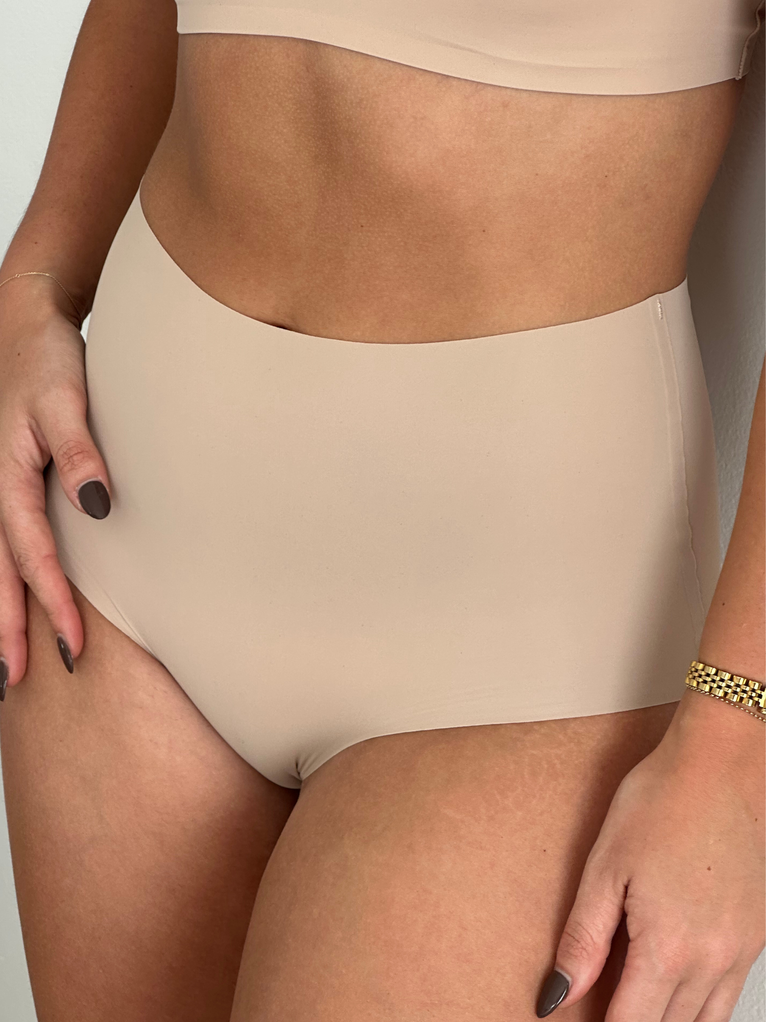 Cream Tan High Rise Brief model side detail